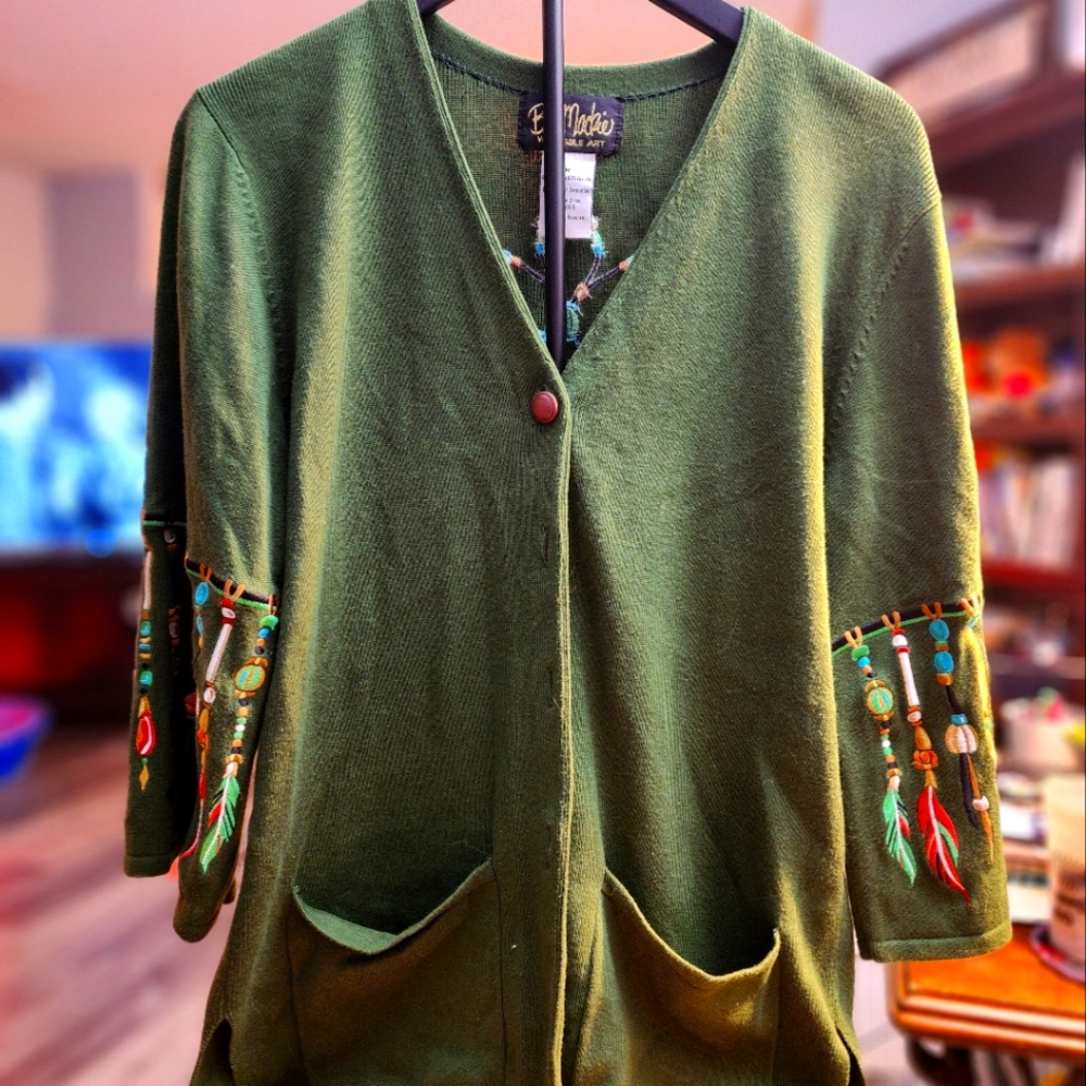 Vintage Bob Mackie Olive Cardigan with Colorful Native Ametican Embroidery